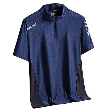 Imagem de Camiseta masculina atlética manga curta gola alta costura cor top secagem rápida suave fina academia, Azul, XG