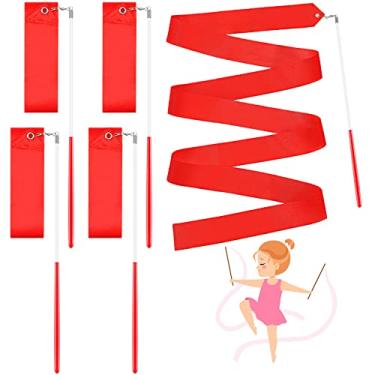 Imagem de HyDren Fita de ginástica rítmica serpentinas dançantes fita elogio varinha de dançarina bastão girando para adultos crianças fitas fitas para shows de talento dança artística (vermelho, 4 peças)