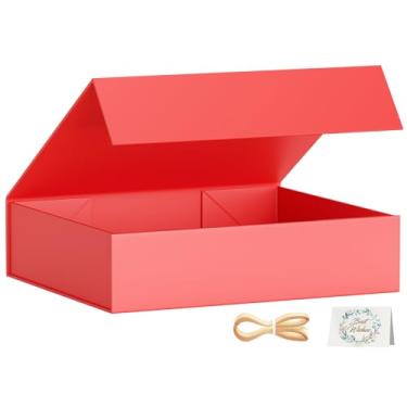 Imagem de PSHVYM Caixas de presente com tampas, 28 x 19 x 7 cm em vermelho caixa de presente para presentes Fecho magnético para camisetas, luvas, cachecóis, livros, roupas de bebê, roupões de embrulho de presente, contém cartão, fita