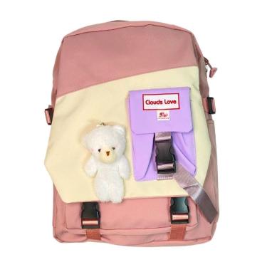 Imagem de Mochila dois bolsos com fivelas frontal recortes coloridos escolar viagem eficiente
