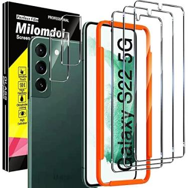 Imagem de Milomdoi Projetado para Samsung Galaxy S22 5G, 3 unidades de vidro temperado com 2 protetores de lente de câmera, adequado para impressões digitais, moldura de instalação, compatível com capas, sem bolhas, pacote com 5