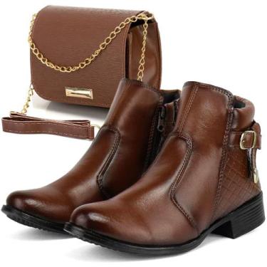 Imagem de Bota coturno feminina Marrom e Preta de cano médio + Bolsa - VRSTORE, 