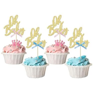 Imagem de 24Pcs Oh Baby Cupcake Toppers Glitter Baby Shower Cupcake Picks with Pink Blue Bow Oh Baby Cake Pick for Baby Shower Kids Boys Girls Birthday Party Cake Decorations Supplies Gold