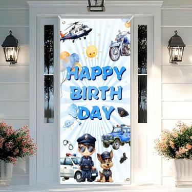 Imagem de Banner de fundo de feliz aniversário policial desenho animado carro de polícia helicóptero cachorro tema polícia decoração de porta para crianças meninos meninas lembrancinhas de festa de aniversário