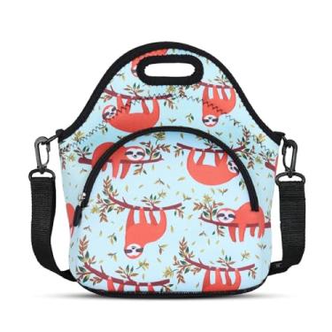 Imagem de Bolsa de almoço térmica de neoprene com isolamento térmico Violet Mist grande macia com bolso extra removível ajustável para ombro, lancheira, bolsas, mulheres, meninas, Navy Sloth