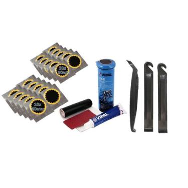 Imagem de Kit Remendo Reparo Câmara Ar Bike + 20 Remendos + Espatulas - Vipal