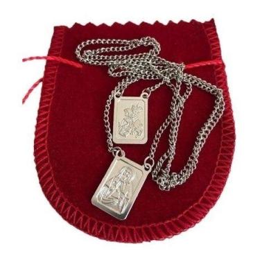 Imagem de Colar Corrente 70cm Escapulário Placa São Jorge Aço Inox Exclusivo Pre