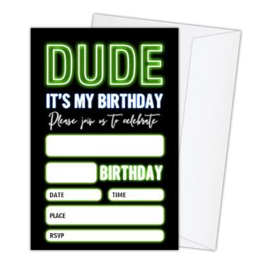 Imagem de 20 Convites de festa de aniversário para meninos caras com envelopes para festa na piscina luz neon convida cartões de convite brilhantes para adolescentes adolescentes, convidados para festa de