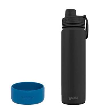 Imagem de Kit de Garrafa Térmica Para Água Fresh Gocase 650ml + Base de Silicone (Preto & Azul)