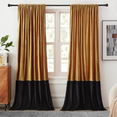 Imagem de Cortinas de veludo para sala de estar, dourado, preto, 259 cm de comprimento, 2 painéis, cortinas blackout modernas, bloco de cores, bolso traseiro, varão, cortinas à prova de som, para decoração de