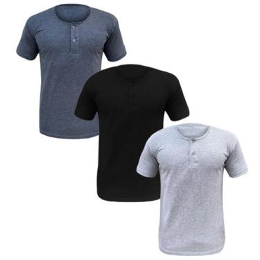 Imagem de Kit 3 Camisa Henley Camiseta Slim Botão Manga Curta Algodão Não Amassa