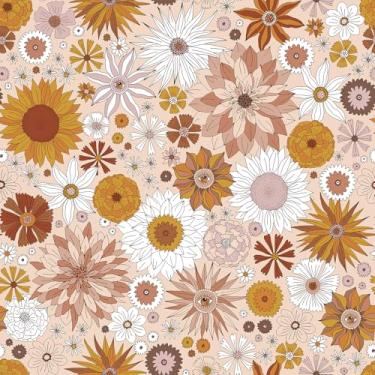 Imagem de Livelynine Papel de parede floral retrô de 44,5 x 701 cm, laranja, rosa, amarelo, flor, meados do século, papel de parede para banheiro, impermeável, vintage, floral, para armários, forro de gaveta