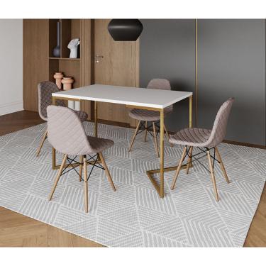 Imagem de Mesa Jantar Industrial + 4 Cadeira Estofada Nude Médio Madeira Tampo Branco 120x75 Base V Aço Dourad