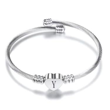 Imagem de BlingNuts Pulseira de prata com iniciais de coração de aço inoxidável A-Z gravada joia feminina para aniversário e Natal, F, Aço inoxidável, Sem Pedra Preciosa