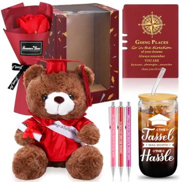 Imagem de Vinsot Conjunto de presentes de formatura Class of 2025 Urso de pelúcia com sabonete, flor artificial, garrafa de vidro de 473 ml, caderno inspirador e 3 canetas esferográficas, presentes de formatura