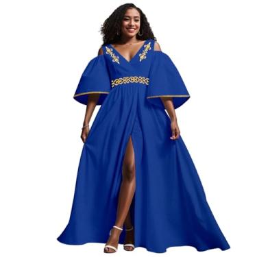 Imagem de Vestidos africanos para mulheres, decote em V, ombros de fora, bordados, cintura alta, elegante vestido midi, Azul, X-Large