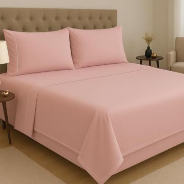 Imagem de Jogo de Lençol Queen 4 Peças 600 Fios Egípcio 100% Algodão – Fronhas e Lençol de Cima com Ponto Palito, Tecido Premium e Toque Macio (Rosê)