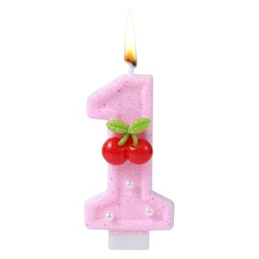 Imagem de Vela 1º Aniversário, Vela Número Rosa Brilhante Topo de Bolo Fofo para Meninas Mulheres Primeira Decoração de Aniversário (Cereja B)
