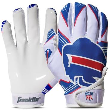 Imagem de Franklin Sports Buffalo Bills – Luvas receptoras de futebol americano NFL – Luvas receptoras para crianças – logotipos da equipe NFL e palma de silicone – Par juvenil P/PP
