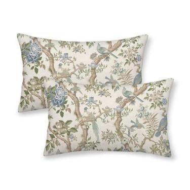 Imagem de AEIOAE Conjunto de 2 capas de almofada floral verde sálvia azul 30 x 50 cm, primavera vintage chinoiserie flores decorativas capas de almofada para decoração de casa de fazenda para sofá doméstico