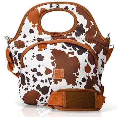 Imagem de Made Easy Kit Sacola grande com isolamento térmico – Forro de neoprene elegante, bolso frontal com zíper e alça de ombro – lavável na máquina, leve, pronta para viagem (vaca branca marrom)