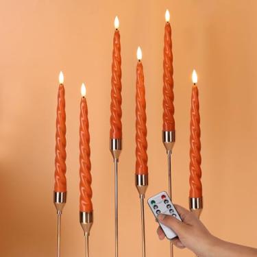 Imagem de Girimax Velas cônicas laranja Halloween sem chama com controle remoto, velas de queda em espiral operadas por pilha, conjunto de 6 castiçais de LED cintilantes