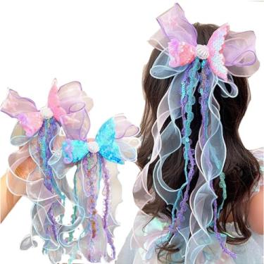 Imagem de iRIIRIO 2 peças de clipes de cabelo longos com laço de sereia, presilhas de cabelo com laço de princesa, acessórios de cabelo com jacaré para crianças e meninas (rosa + azul)