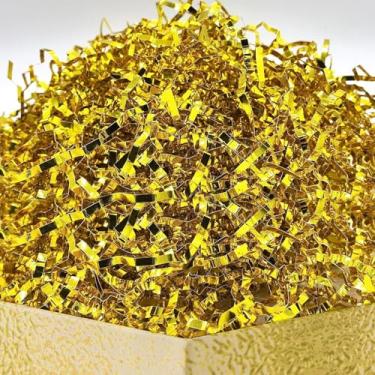 Imagem de DOTUHAO Papel cortado enrugado, papel enrugado cor dourada, enchimento de cesta de presente de 227 g, fragmentos de papel de enchimento de caixa de presente, grama de ráfia, ótimo para embrulho de