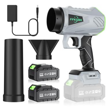 Imagem de Soprador de folhas elétrico sem fio com alta potência, 500.000 RPM, bocal estendido, design portátil leve, soprador de jato turbo para limpeza de pátio. (2 pilhas + carregador)