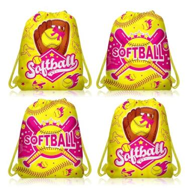 Imagem de CC HOME Pacote com 12 sacos de festa de softball, rosa amarelo softball, presente de softball, lembrancinha de festa temática esportiva para chá de bebê, crianças, meninas, meninos, decorações de