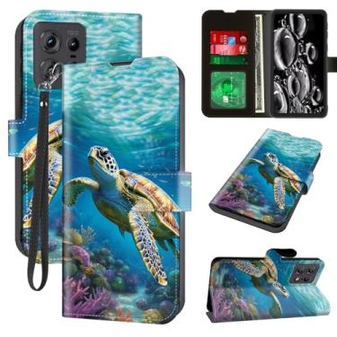 Imagem de ACWDMKH Capa para Motorola Edge 50 Pro - Carteira Edge 50s Pro com suporte para cartão e alça de pulso, capa protetora magnética à prova de choque, tartaruga marinha tropical