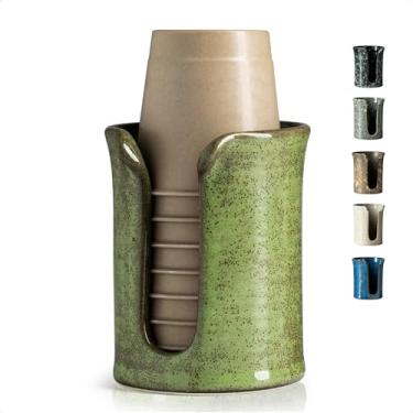 Imagem de YHOJOY Dispensador de copo de banheiro de cerâmica, suporte de copo de banheiro de 85 g para copos Dixie, dispensador de copos de enxaguante bucal para bancada de banheiro, verde