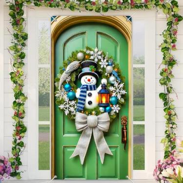 Imagem de BlissYard Capa de porta de Natal, 89 x 188 cm, elegante guirlanda de boneco de neve, ornamentos de prata, faixa de inverno, faixa de tecido de poliéster, faixa de porta para entrada de casa festiva