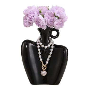 Imagem de YUSHUIHOME Conjunto de vaso de cerâmica em forma de corpo preto: 4 flores artificiais + corrente de pérola incluída, decoração criativa de mesa de sala de estar, garrafa decorativa de cerâmica
