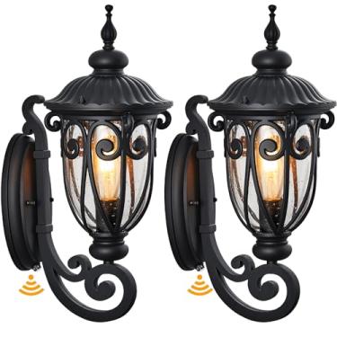 Imagem de VIANIS Luzes de parede pretas para ambientes externos, crepúsculo ao amanhecer, pacote com 2 lanternas vintage para luminárias externas, luzes de varanda com vidro bolha para quintal, jardim, entrada