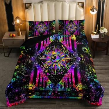Imagem de Erosebridal Conjunto de cama com sol e lua, colorido, tie dye, estrelas místicas, astrologia celestial psicodélica, conjunto de edredom acolchoado, boêmio, constelação do zodíaco, King, 3 peças macias