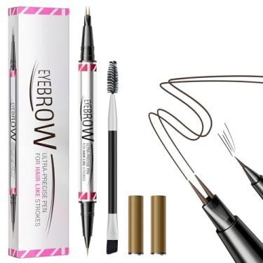 Imagem de Lápis de sobrancelha Microblading, lápis de sobrancelha para mulheres, caneta de sobrancelha 2 em 1 com aplicador de ponta de microgarfo e pincel de sobrancelha, impermeável, dura o dia todo. (marrom