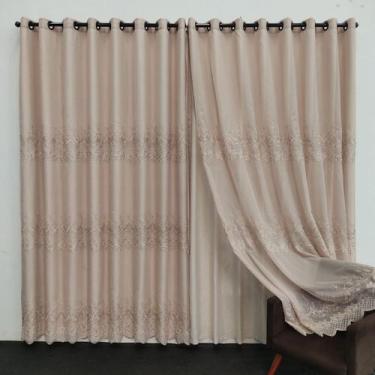 Imagem de Cortina De Voil Bordado Luxuoso Com Forro Microfibra P/Varão Luxo 6,00