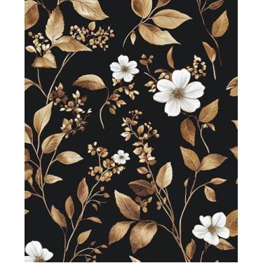 Imagem de VOLEAAR Papel de parede floral vintage, preto e dourado, papel de parede boho para armário, bancada, quarto, decoração de casa, autoadesivo 44,5 x 998,2 cm