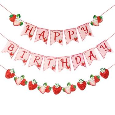 Imagem de Conjunto de 3 faixas de aniversário de morango - Guirlanda de frutas vermelhas "Happy Birthday" com placa de "morango", decoração completa de frase de festa para 1º aniversário, chá de bebê e mesa de