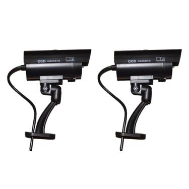 Imagem de 2 peças de câmera falsa CCTV embutida com luz intermitente ajustável para monitor simulado, suporte de parede no teto para segurança doméstica