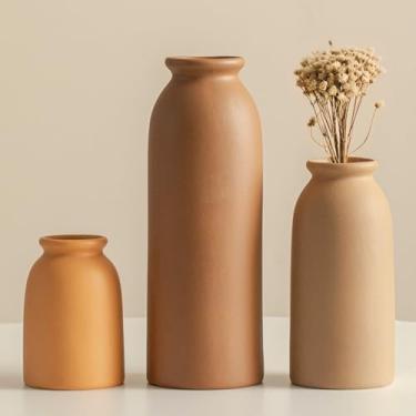 Imagem de Conjunto de 3 vasos de cerâmica, pequenos vasos de flores para decoração, estilo boêmio moderno, vasos decorativos para grama dos pampas e flores secas, acabamento envelhecido (tom de terra)