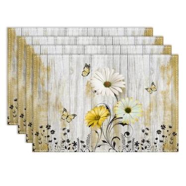 Imagem de Jogo americano Spring Daisy Conjunto de 6, 30 x 45 cm, retrô, rústico, sazonal, fazenda, margarida amarela, flores silvestres, prancha de madeira, resistente ao calor, para jantar, cozinha, festa de