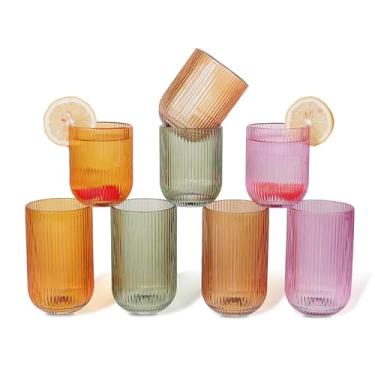 Imagem de WeirdUncle Conjunto de 8 copos com nervuras coloridas de dopamina, 4 copos Highball de 400 ml e 4 copos de 255 g, estilo origami, design canelado, para uso diário, água, coquetel, uísque, cozinha