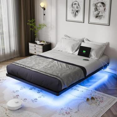 Imagem de Estrutura de cama flutuante OLEVS em tamanho real com luzes LED e carr