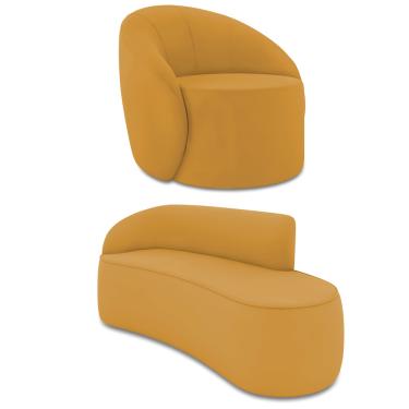 Imagem de Sofá 3 Lugares Orgânico 180cm Morgan e Poltrona Lua Veludo Mostarda D03 - D'Rossi