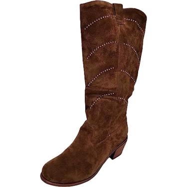 Imagem de Botas femininas de salto grosso médio largura extra larga cano alto cano cano alto moda retrô clássica bota de inverno larga cano médio, Marrom, 9.5