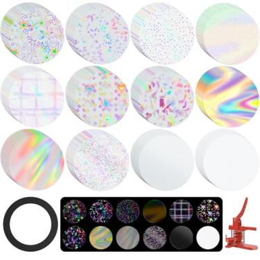 Imagem de Película protetora de crachá de 300 peças, com 1 gaxeta, suprimentos para máquina de fazer botões, 10 estilos de filmes de glitter holográficos, 1 estilo transparente e 1 estilo de papel em branco