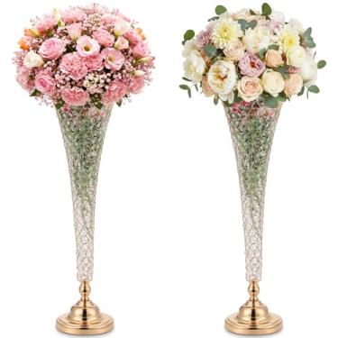 Imagem de LemonRoad 2 peças de vaso de cristal extra grande de 81 cm de altura, vaso floral de trompete de cristal de metal para centro de mesa, suporte de flores para chão de mesa, festa de casamento