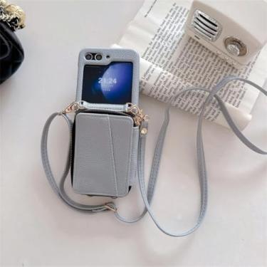 Imagem de Capa para Galaxy Z Flip5, carteira transversal com zíper e porta-cartões, capa de couro (para Galaxy Z Flip5/azul)